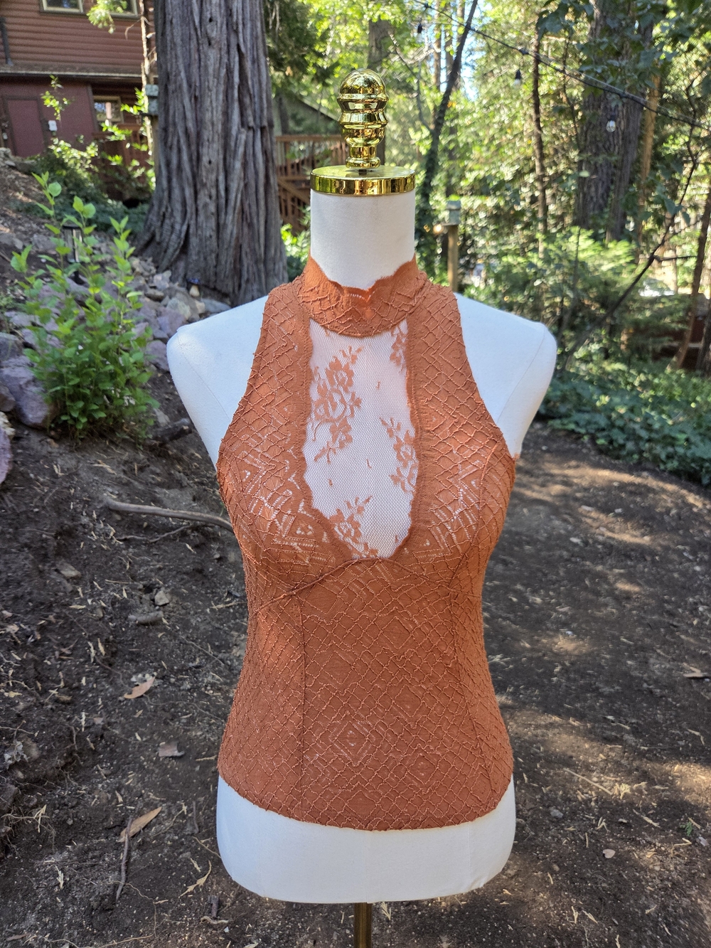 Free People Women's Bohemian Autumn Fall Orange Rust Lace Halter Top Size XS
